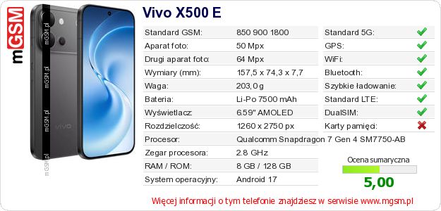 Dane telefonu Vivo X500 E