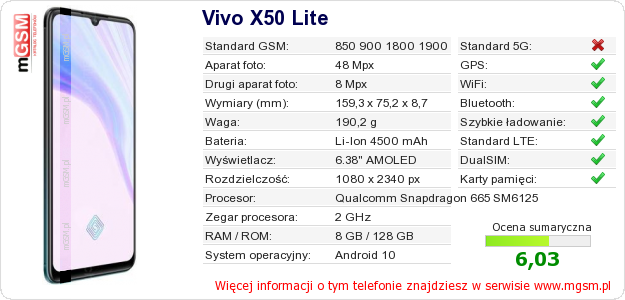 Dane telefonu Vivo X50 Lite