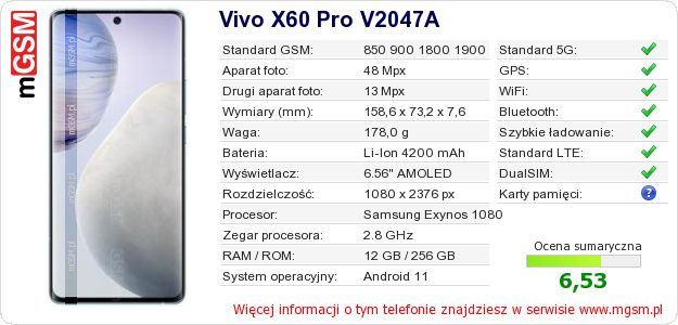 Dane telefonu Vivo X60 Pro V2047A