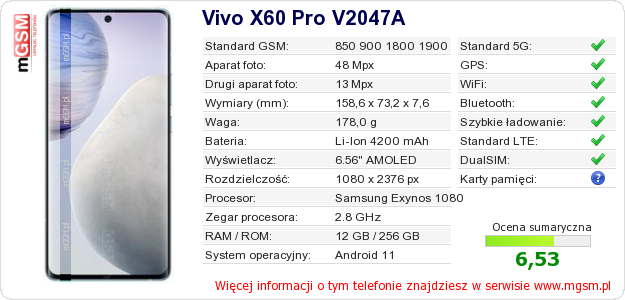 Dane telefonu Vivo X60 Pro V2047A