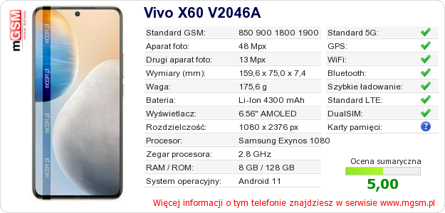 Dane telefonu Vivo X60 V2046A