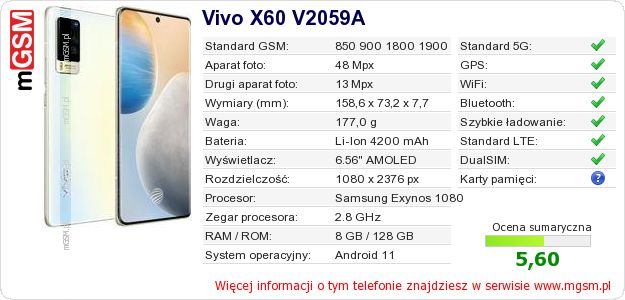 Dane telefonu Vivo X60 V2059A
