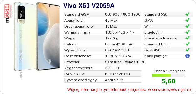 Dane telefonu Vivo X60 V2059A