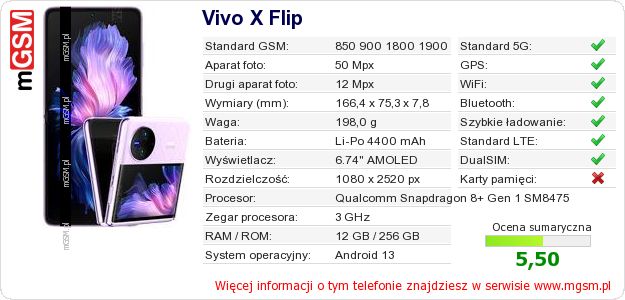 Dane telefonu Vivo X Flip Dane telefonu Vivo X Flip