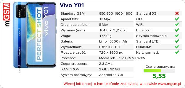 Dane telefonu Vivo Y01