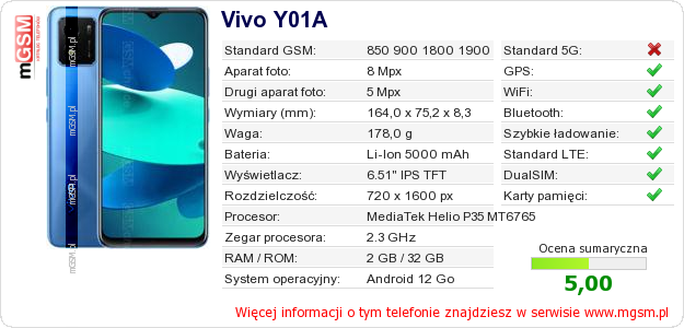 Dane telefonu Vivo Y01A
