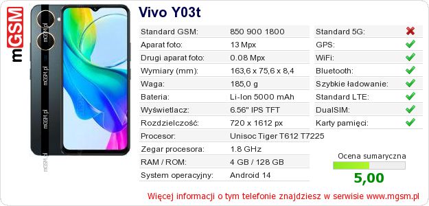 Dane telefonu Vivo Y03t