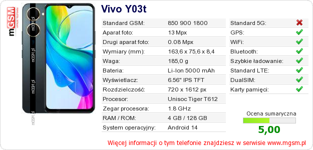 Dane telefonu Vivo Y03t