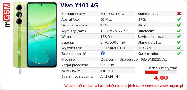 Dane telefonu Vivo Y100 4G
