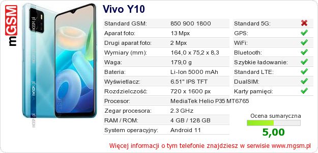 Dane telefonu Vivo Y10