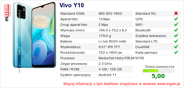 Dane telefonu Vivo Y10