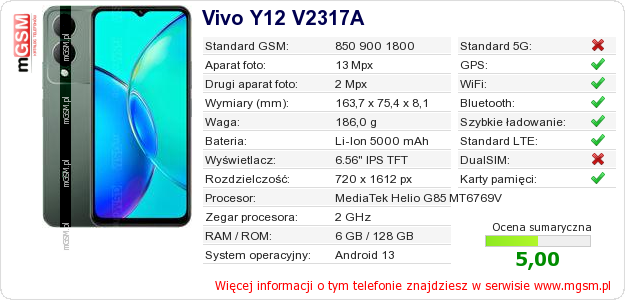 Dane telefonu Vivo Y12 V2317A