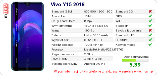 Dane telefonu Vivo Y15 2019
