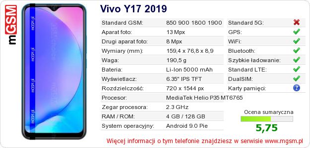 Dane telefonu Vivo Y17 2019