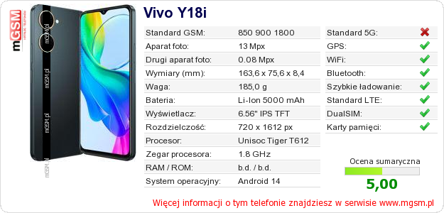 Dane telefonu Vivo Y18i