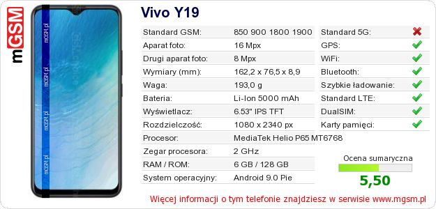 Dane telefonu Vivo Y19 Dane telefonu Vivo Y19