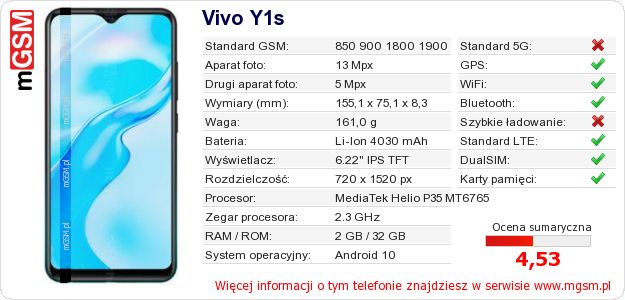 Dane telefonu Vivo Y1s