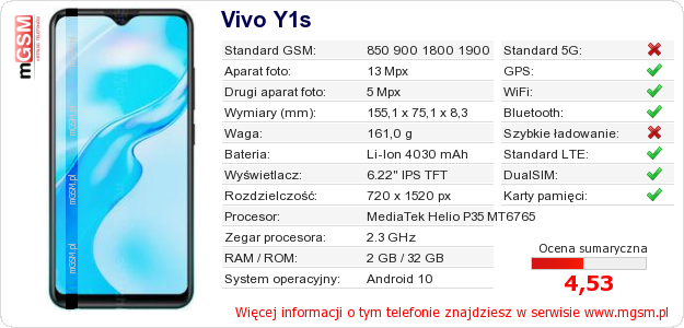 Dane telefonu Vivo Y1s Dane telefonu Vivo Y1s