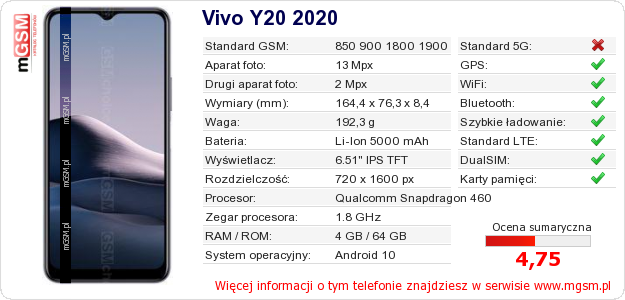 Dane telefonu Vivo Y20 2020