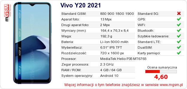 Dane telefonu Vivo Y20 2021