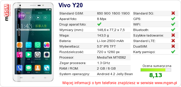Dane telefonu Vivo Y20