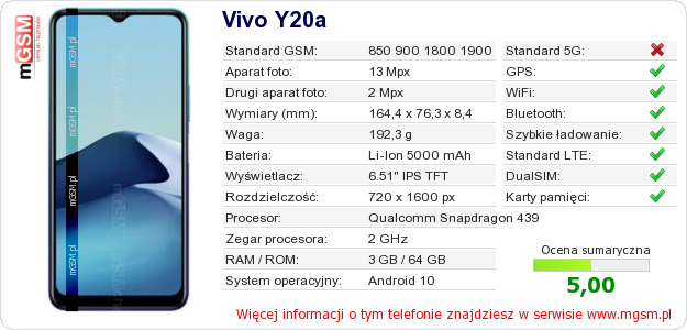 Dane telefonu Vivo Y20a