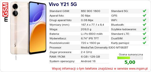 Dane telefonu Vivo Y21 5G