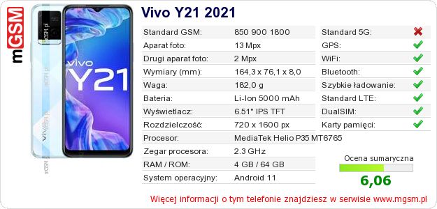 Dane telefonu Vivo Y21 2021 Dane telefonu Vivo Y21 2021
