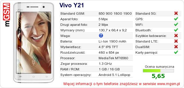 Dane telefonu Vivo Y21