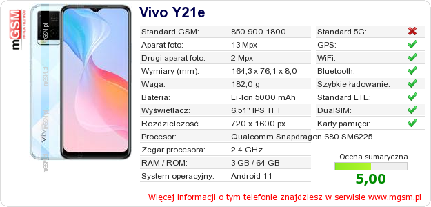 Dane telefonu Vivo Y21e