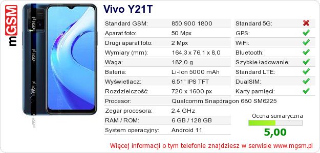 Dane telefonu Vivo Y21T Dane telefonu Vivo Y21T