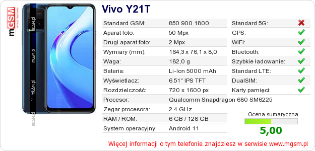 Dane telefonu Vivo Y21T