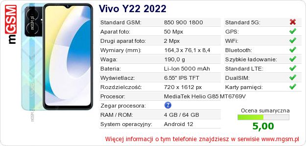 Dane telefonu Vivo Y22 2022 Dane telefonu Vivo Y22 2022