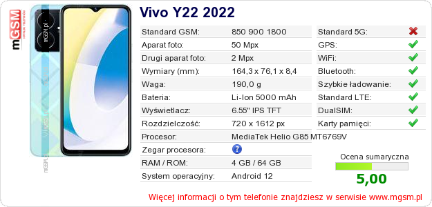 Dane telefonu Vivo Y22 2022 Dane telefonu Vivo Y22 2022
