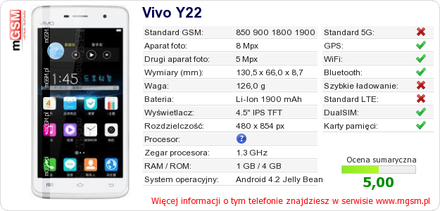 Dane telefonu Vivo Y22