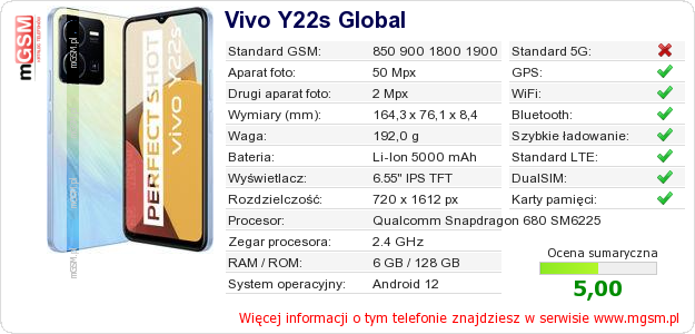Dane telefonu Vivo Y22s Global