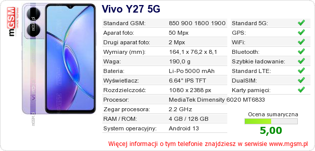 Dane telefonu Vivo Y27 5G