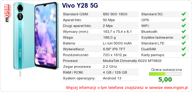 Dane telefonu Vivo Y28 5G