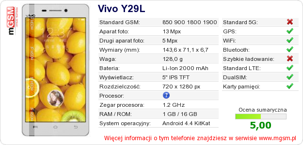 Dane telefonu Vivo Y29L