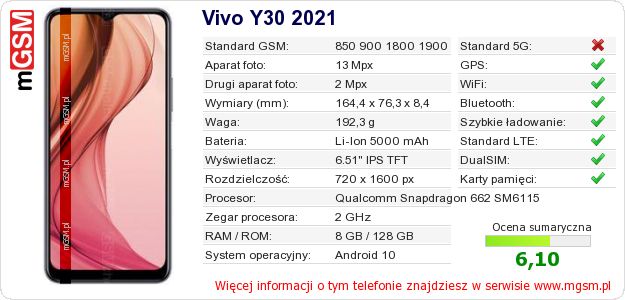 Dane telefonu Vivo Y30 2021