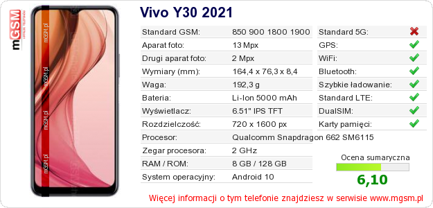 Dane telefonu Vivo Y30 2021
