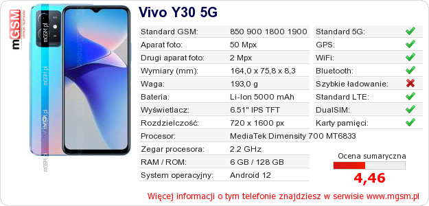 Dane telefonu Vivo Y30 5G