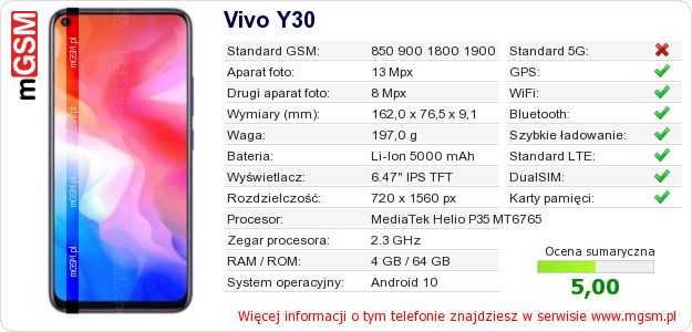 Dane telefonu Vivo Y30 Dane telefonu Vivo Y30