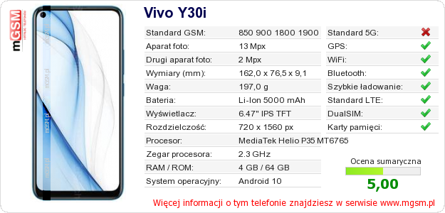 Dane telefonu Vivo Y30i Dane telefonu Vivo Y30i