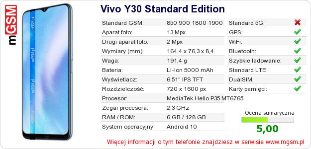 Dane telefonu Vivo Y30 Standard Edition Dane telefonu Vivo Y30 Standard Edition