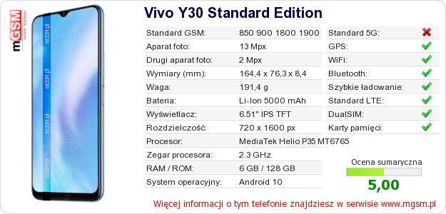 Dane telefonu Vivo Y30 Standard Edition