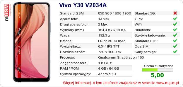 Dane telefonu Vivo Y30 V2034A