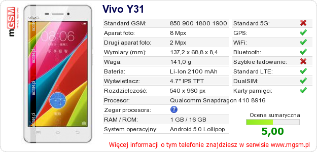 Dane telefonu Vivo Y31