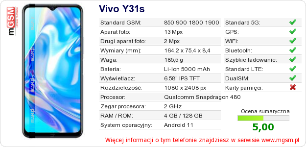 Dane telefonu Vivo Y31s