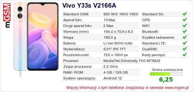 Dane telefonu Vivo Y33s V2166A